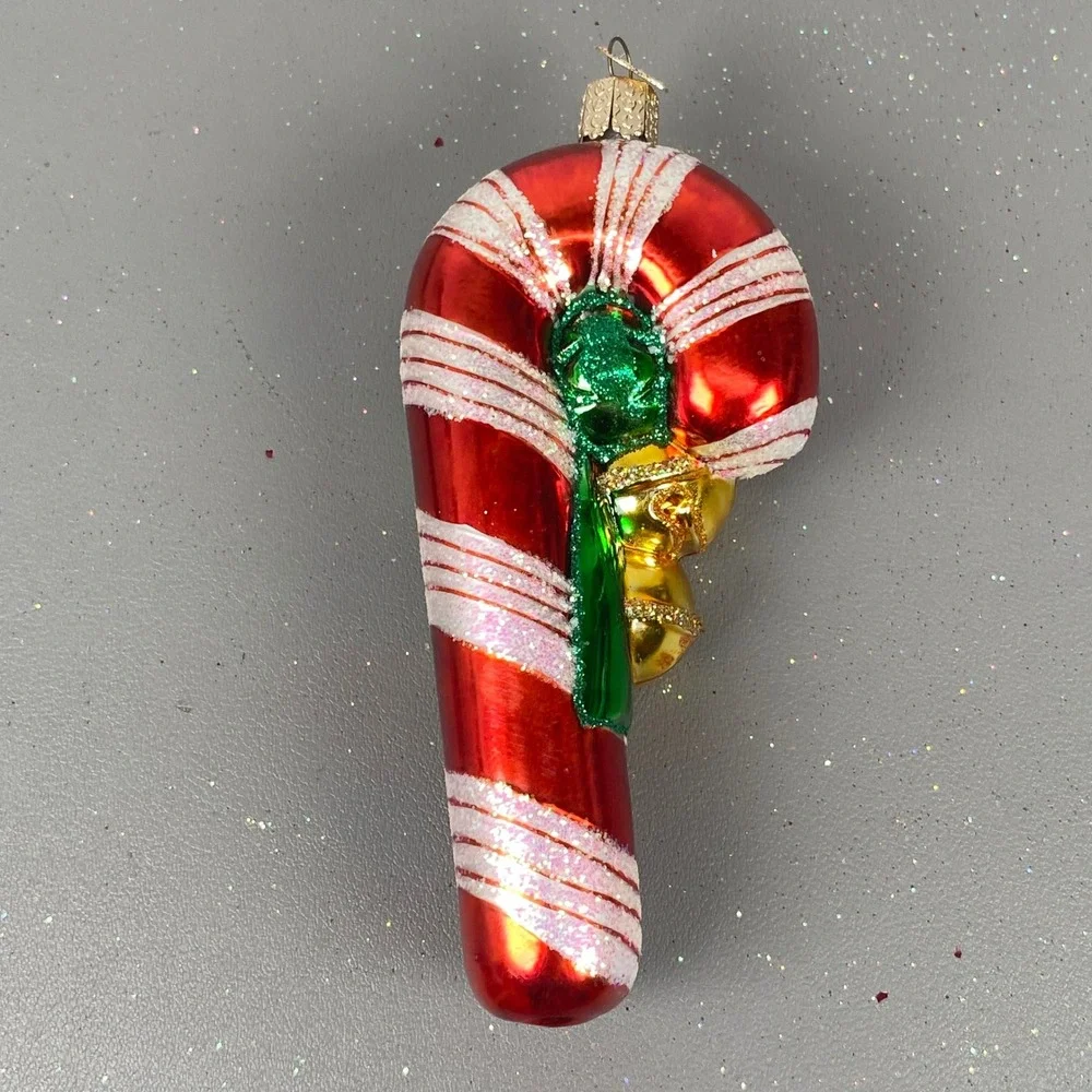 Old World Christmas Blimp & Candy Cane Glass Ornament Set Red Green Glitter
